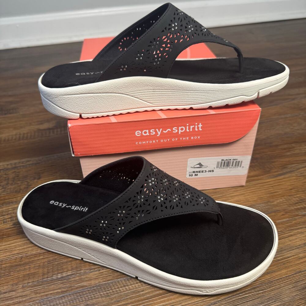 Easy Spirit Black and White Laser-Cut Thong Sandals